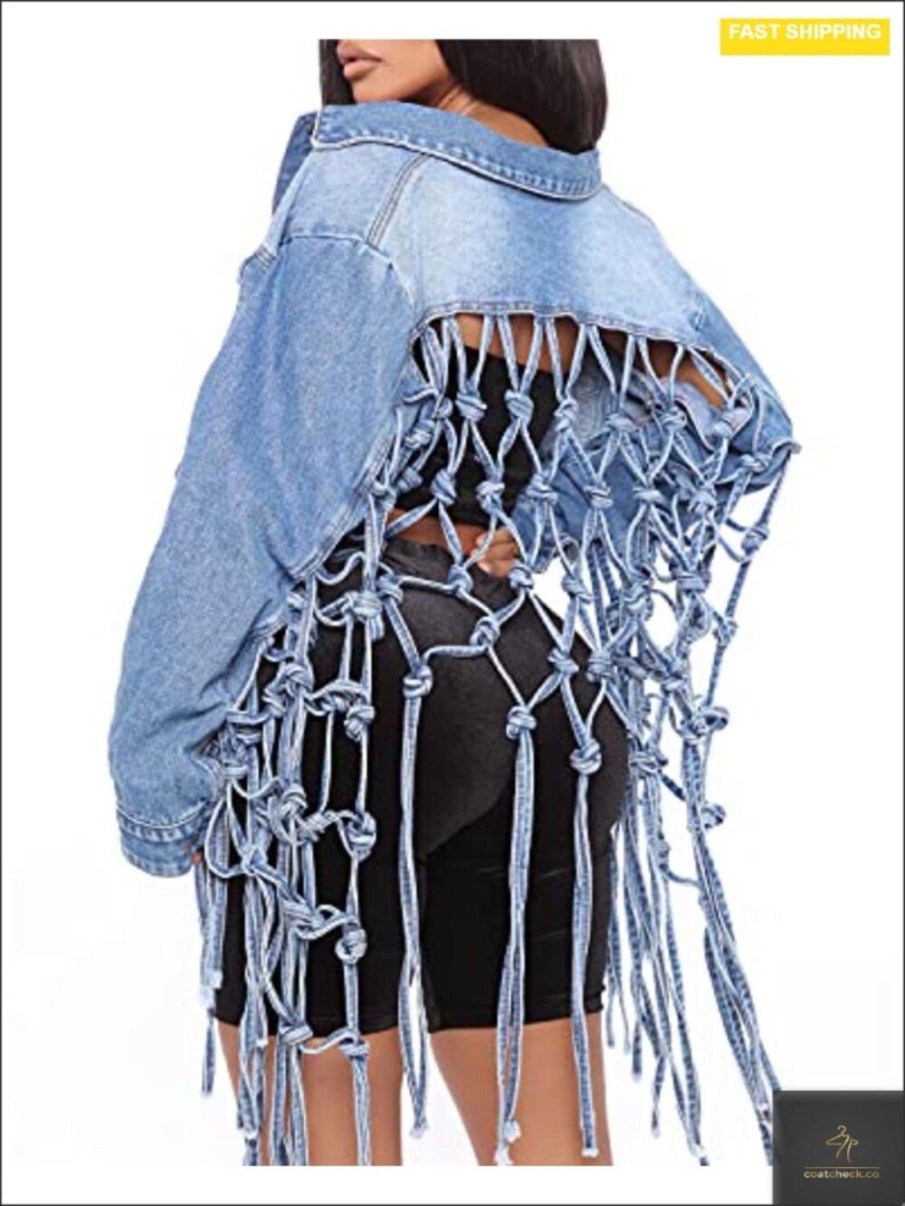 Cropped Denim Jacket Fringe Distressed Button Down Long Puff Sleeve Retro